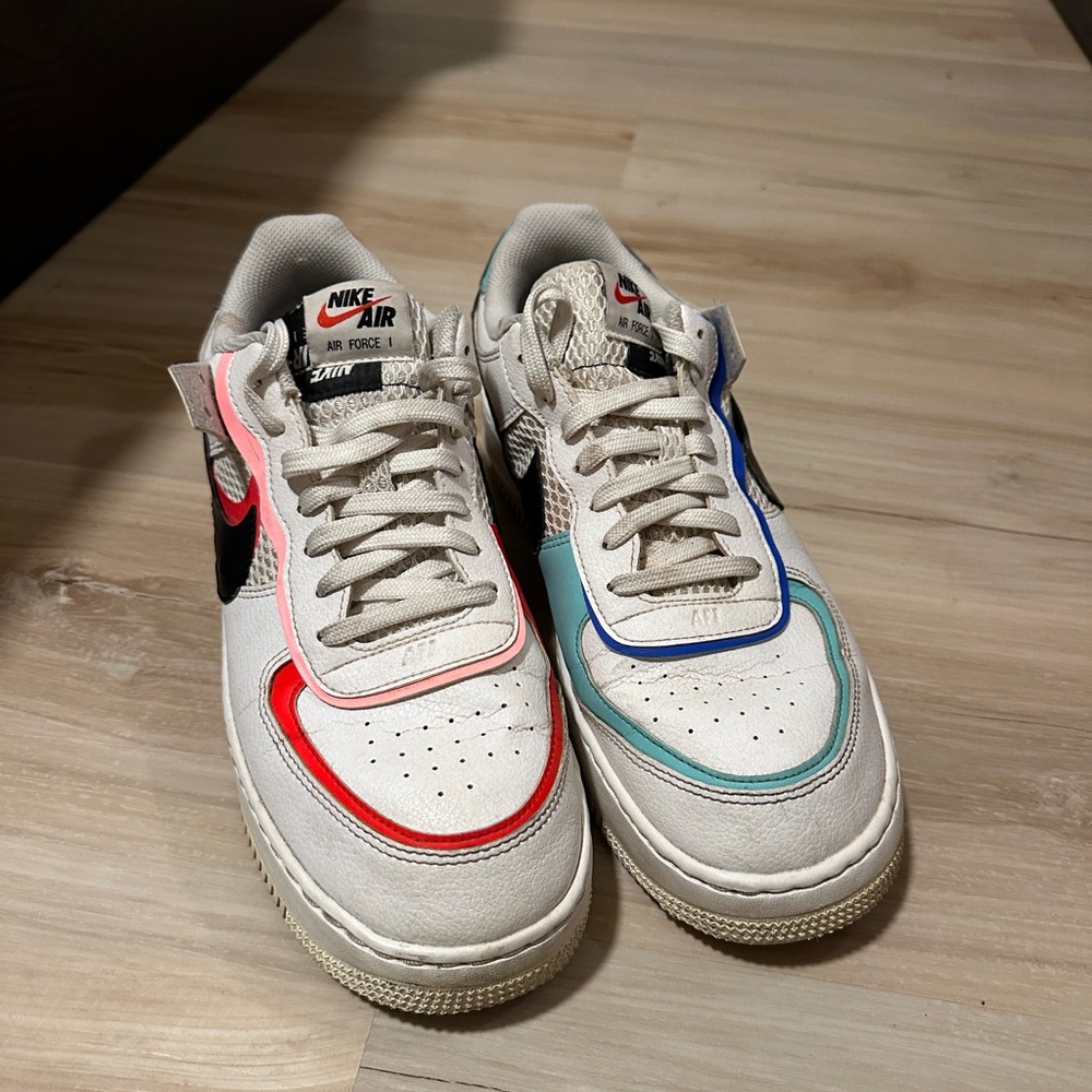 Nike Air Force 1 Shadow - White with Red & Teal/Blue Accents